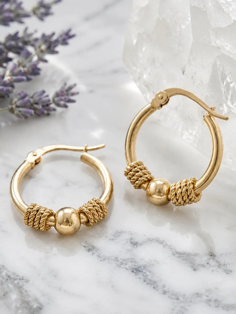 18K Gold Plated Rope Knot Ball Bead Hoop Earrings SS Boho Chic Minimalist 0.9